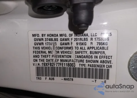 2015 Honda Civic Se from USA, damaged, VIN 19XFB2F77FE118003